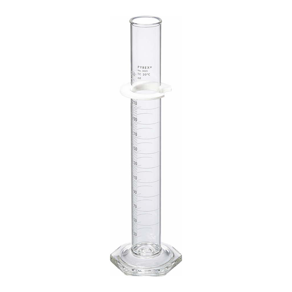 Merck Pyrex graduated cylinder, single metric scale, white enamel graduations