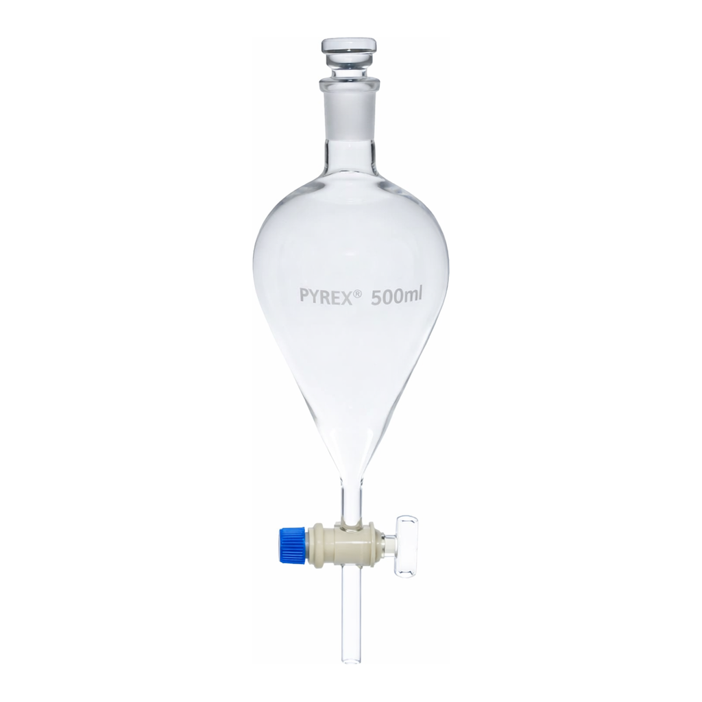 Merck Pyrex Separating funnel, pear-shape, glass key