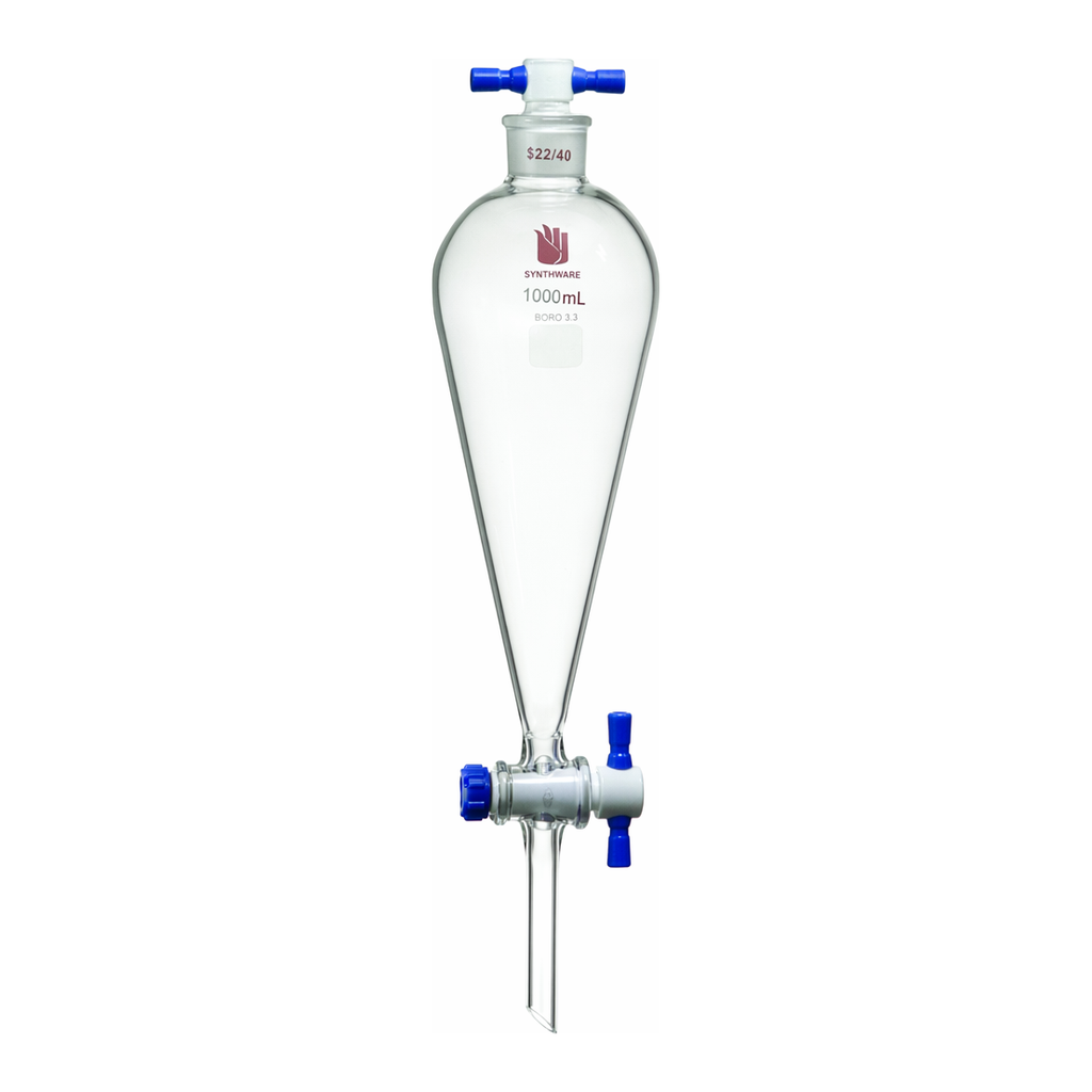 Merck Synthware Squibb-style separatory funnel with PTFE stopcock and PTFE stopper