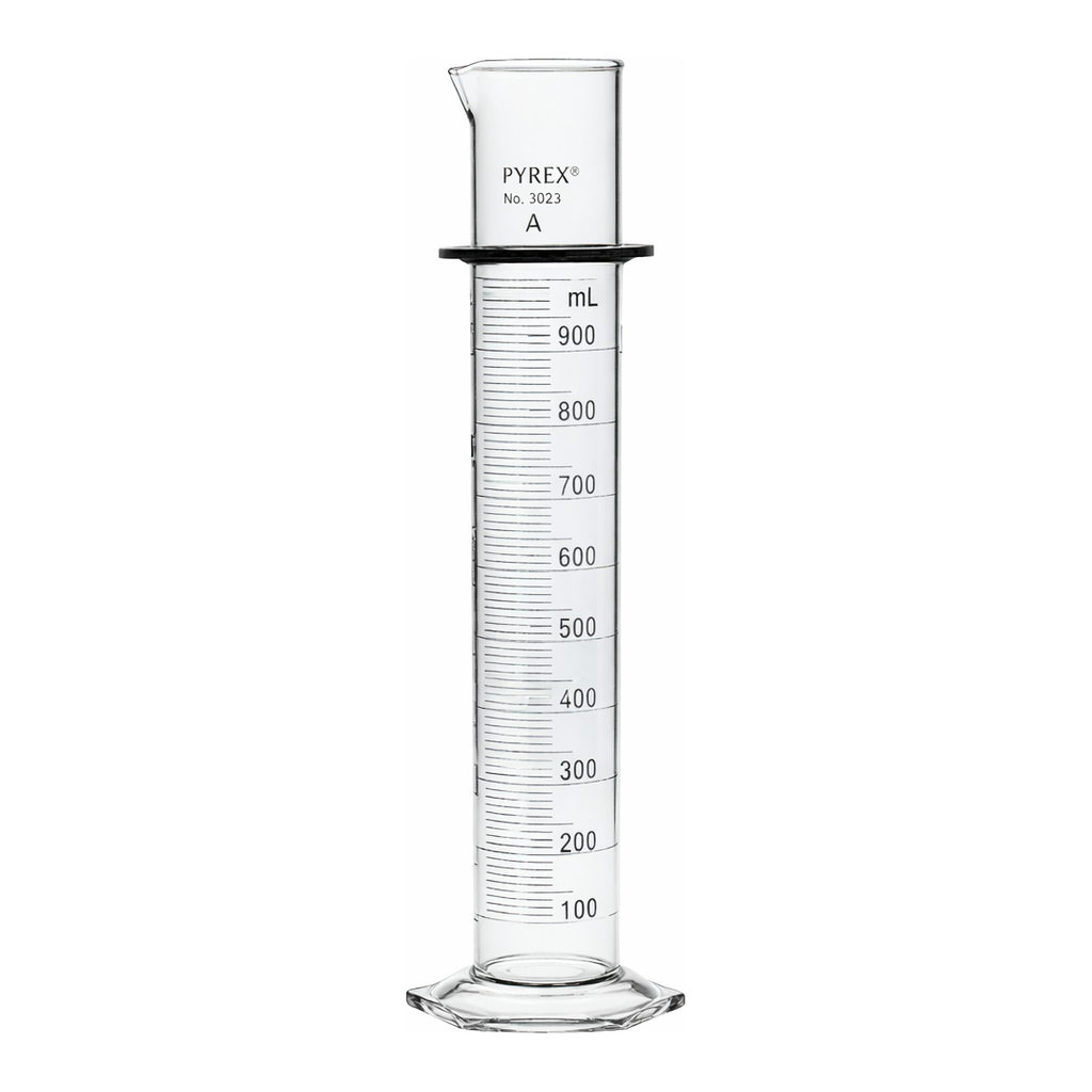 Merck Pyrex class A double metric scale graduated cylinder, with blue enamel