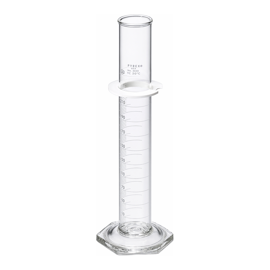 Merck Pyrex graduated cylinder, single metric scale, white enamel graduations