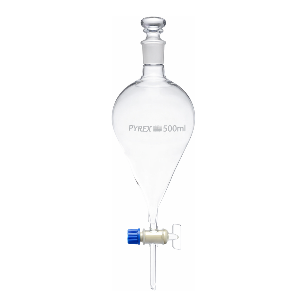 Merck Pyrex Separating funnel, pear-shape, glass key