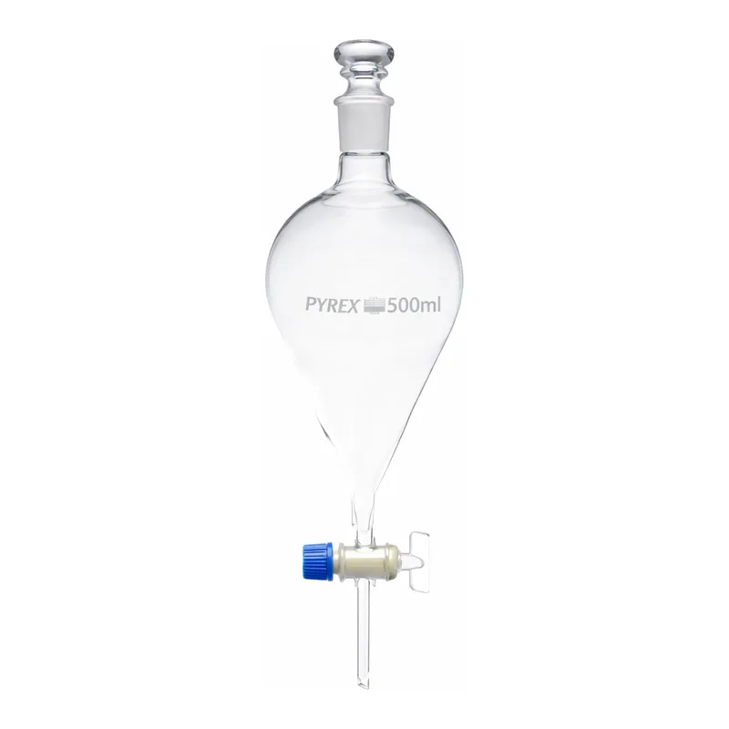 Merck Pyrex Separating funnel, pear-shape, glass key