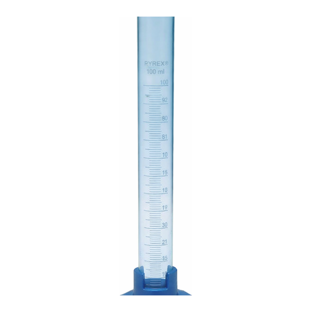 Merck Pyrex measuring cylinder with spout and detachable plastic foot, complete