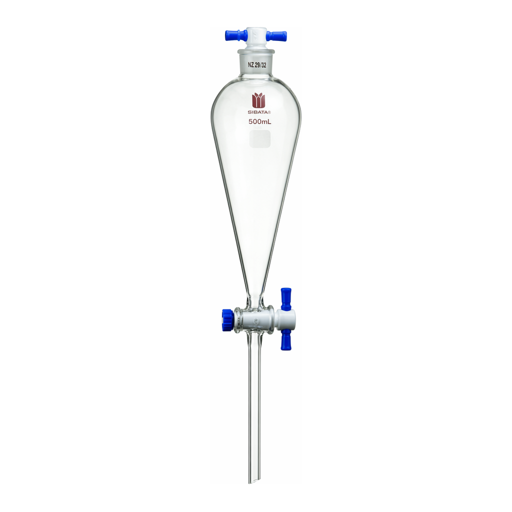 Merck Synthware Squibb-style separatory funnel with PTFE stopcock and PTFE stopper