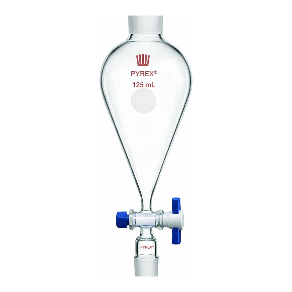 Merck Synthware Squibb-style separatory funnel with standard taper joints, PTFE stopcock and PTFE stopper
