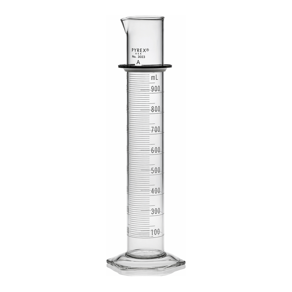 Merck Pyrex class A double metric scale graduated cylinder, with blue enamel