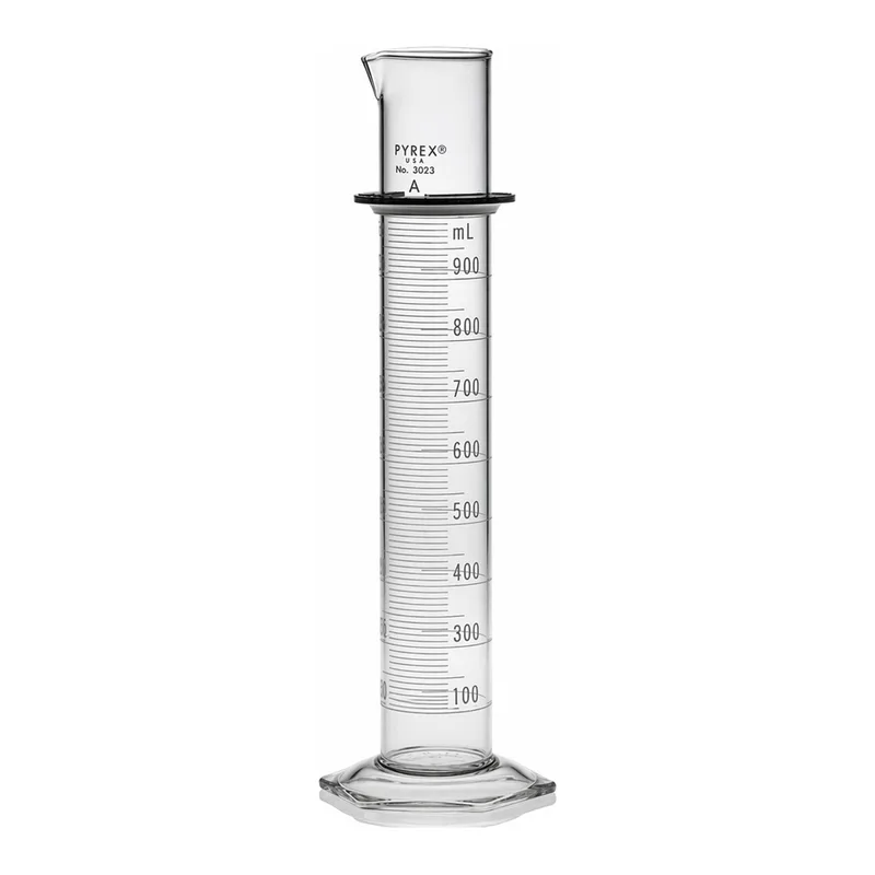 Merck Pyrex class A double metric scale graduated cylinder, with blue enamel