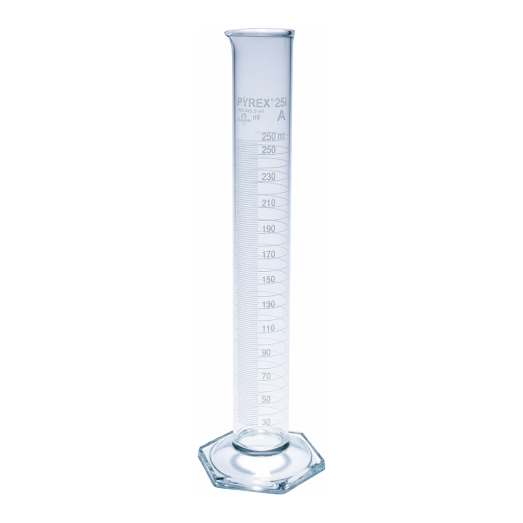 Merck Pyrex Measuring cylinder with spout, class A with white graduations