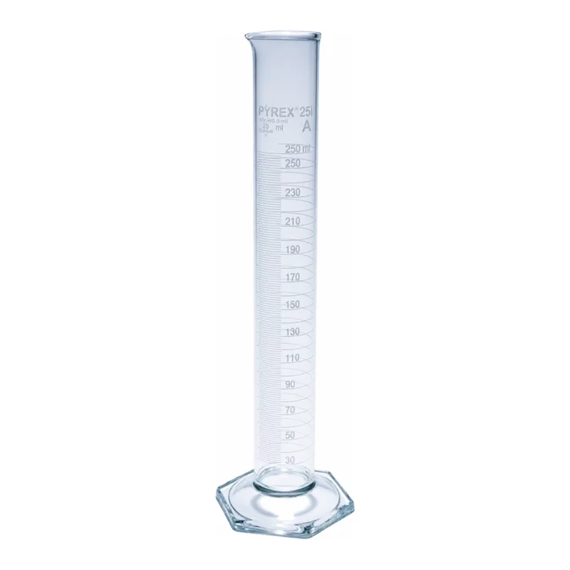 Merck Pyrex Measuring cylinder with spout, class A with white graduations