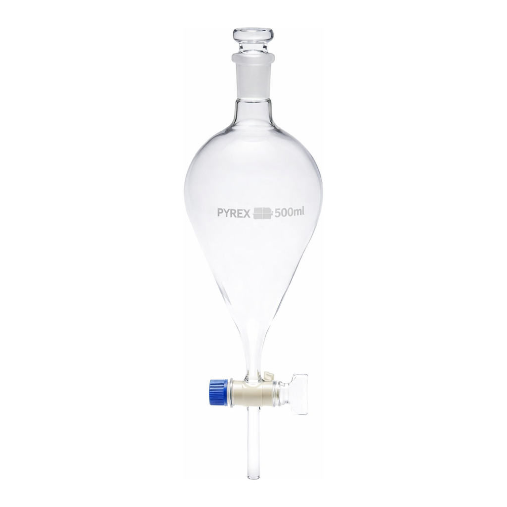 Merck Pyrex Separating funnel, pear-shape, glass key