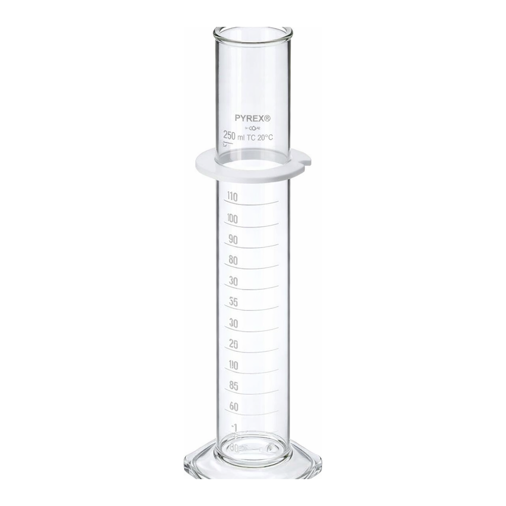 Merck Pyrex graduated cylinder, single metric scale, white enamel graduations