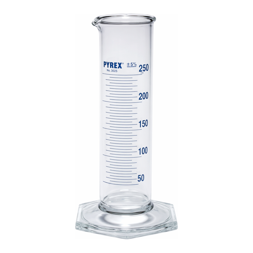 Merck Pyrex Measuring cylinder, class B, squat form, heavy duty rim, blue graduations