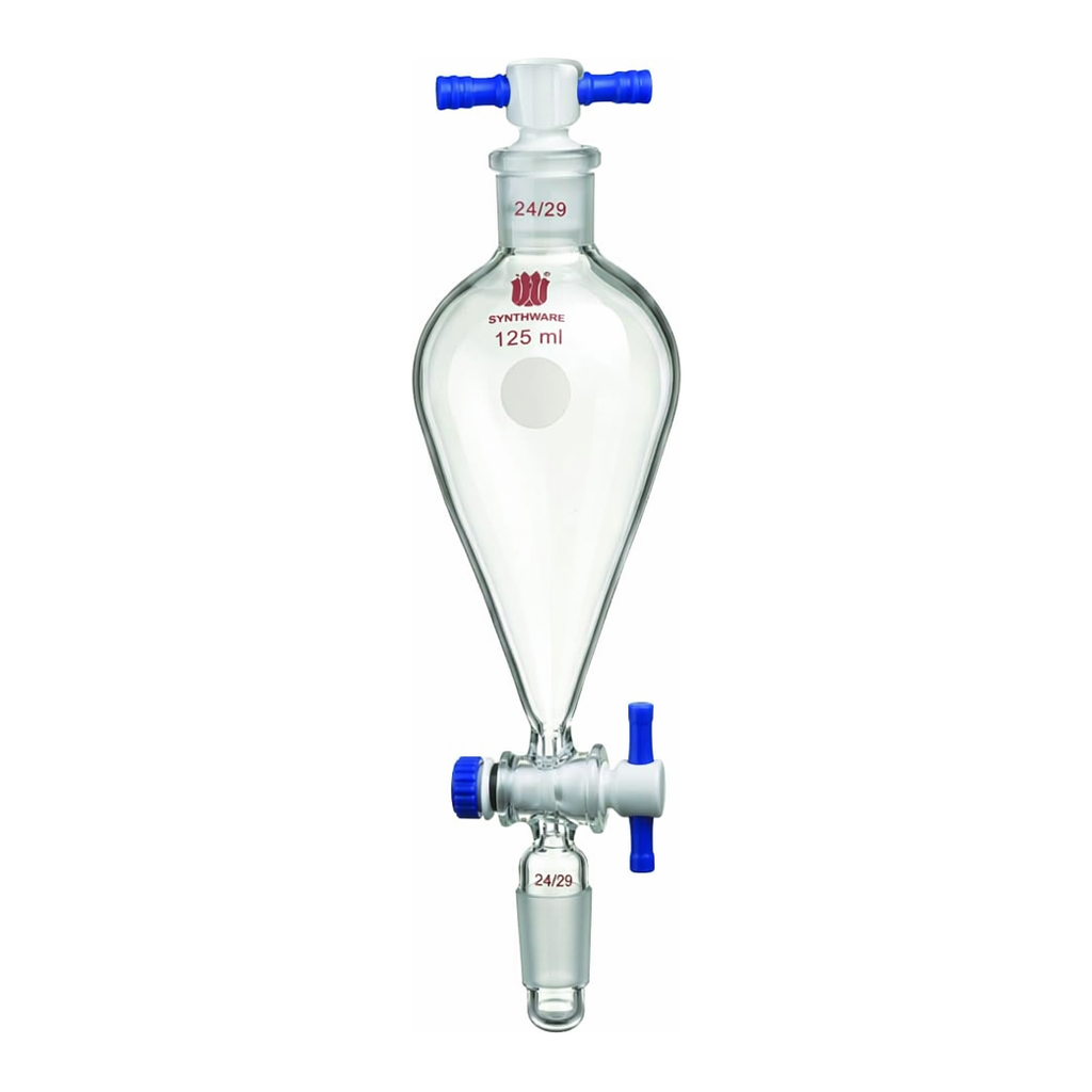 Merck Synthware Squibb-style separatory funnel with standard taper joints, PTFE stopcock and PTFE stopper