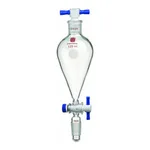 Merck Synthware Squibb-style separatory funnel with standard taper joints, PTFE stopcock and PTFE stopper