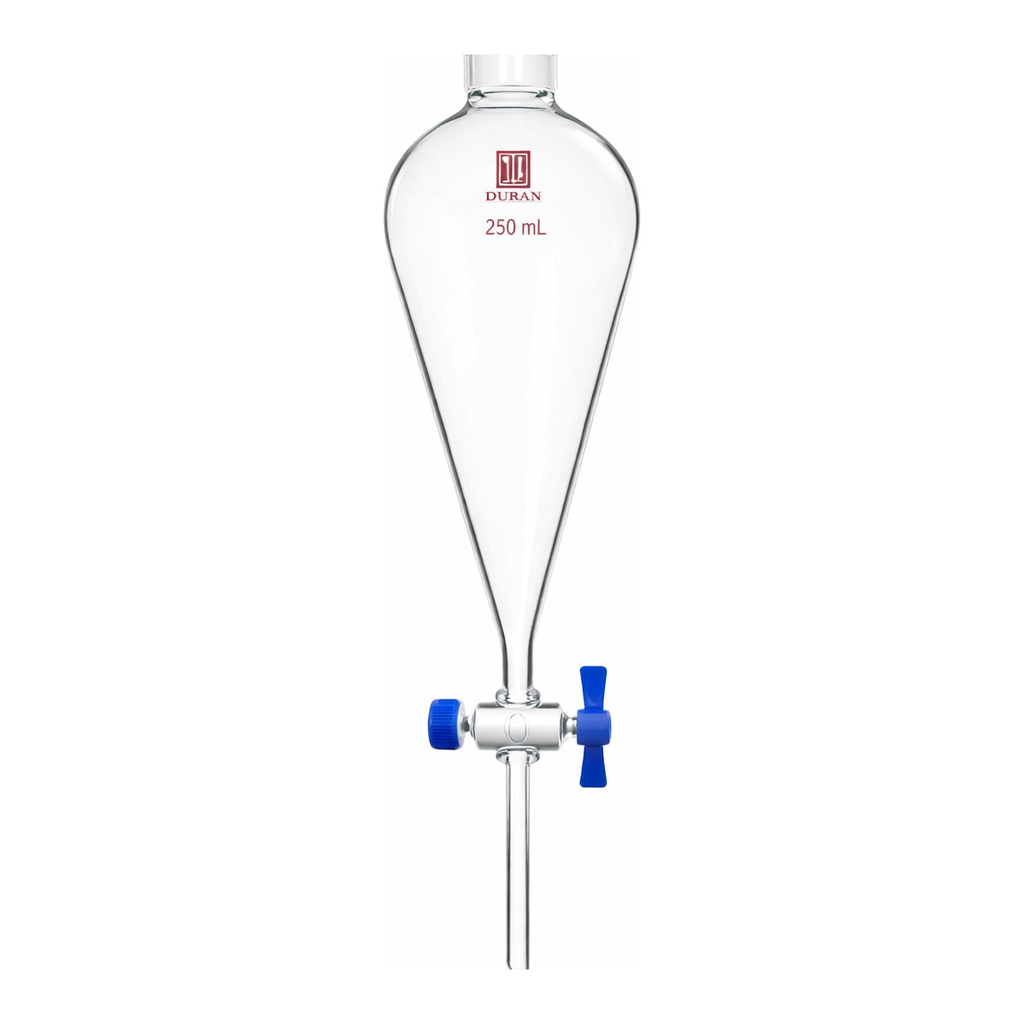 Merck Synthware Squibb-style separatory funnel with PTFE stopcock and PTFE stopper