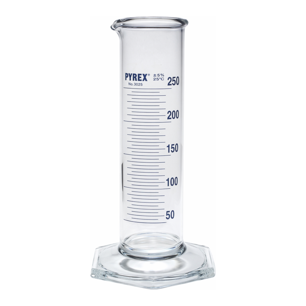 Merck Pyrex Measuring cylinder, class B, squat form, heavy duty rim, blue graduations