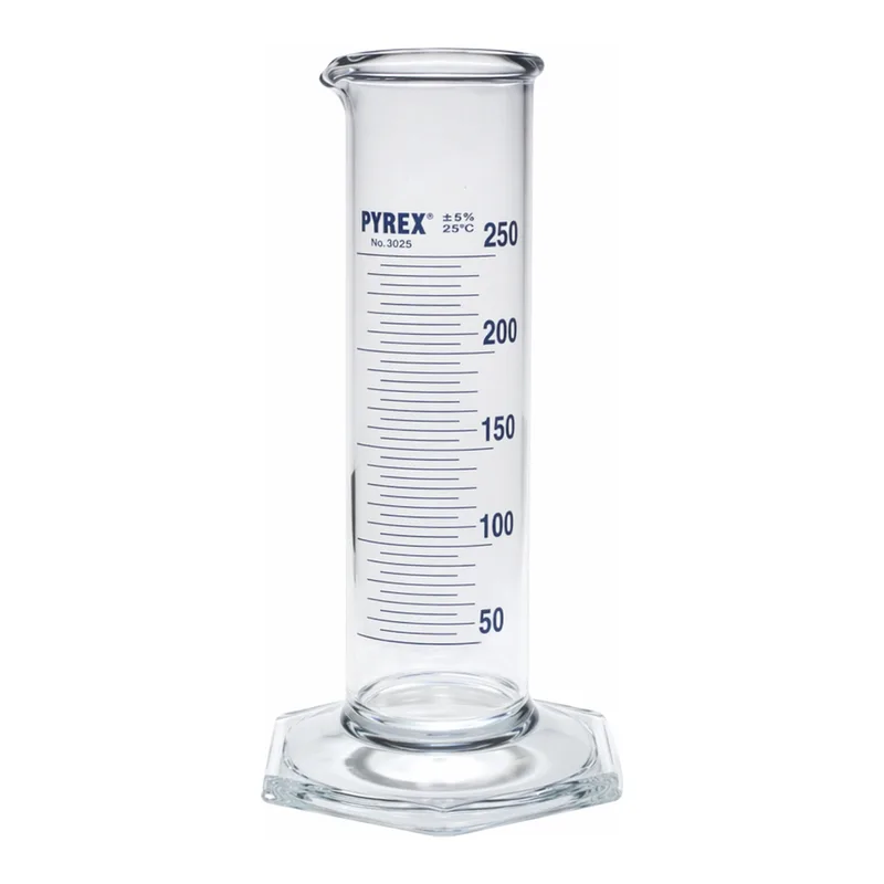 Merck Pyrex Measuring cylinder, class B, squat form, heavy duty rim, blue graduations