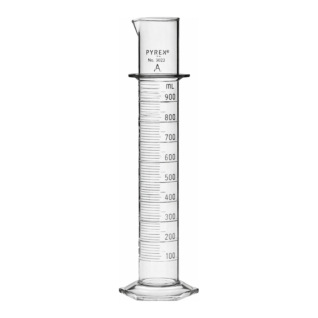 Merck Pyrex class A double metric scale graduated cylinder, with blue enamel