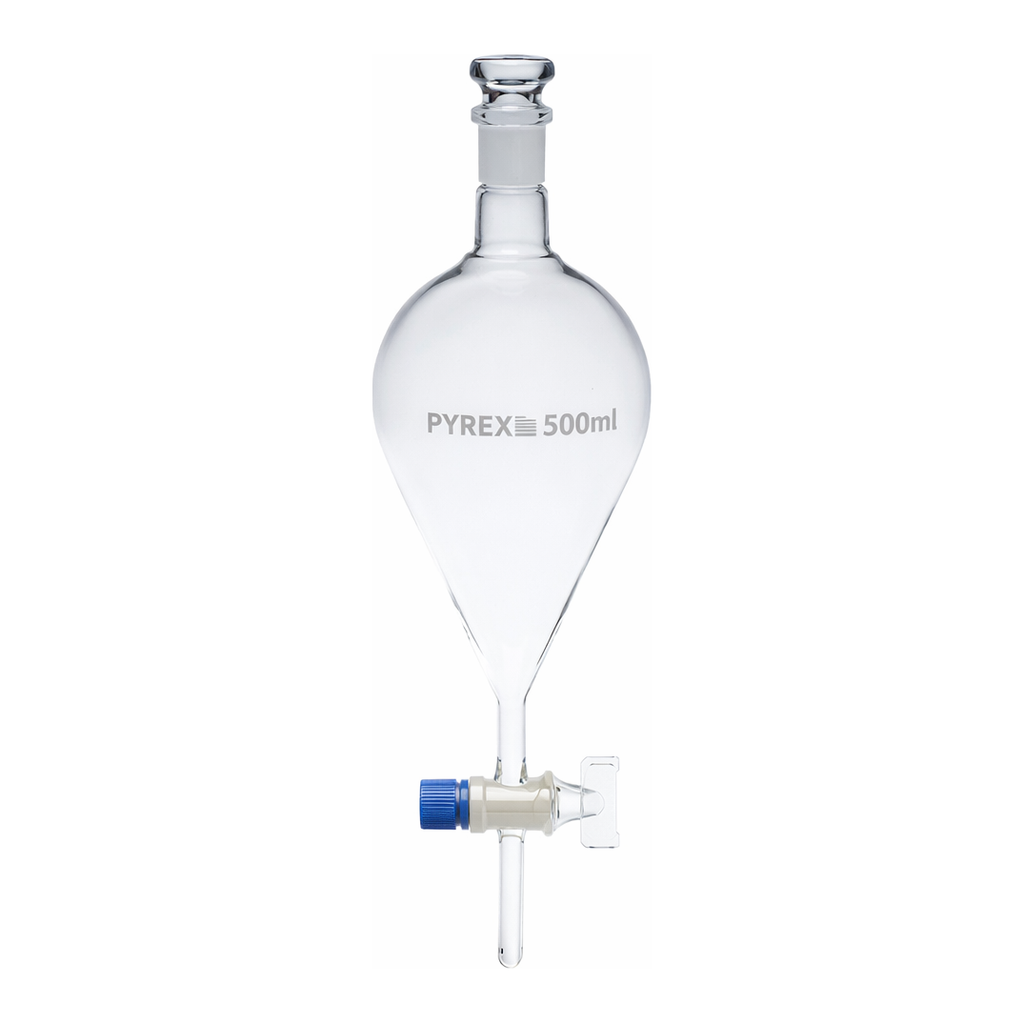 Merck Pyrex Separating funnel, pear-shape, glass key