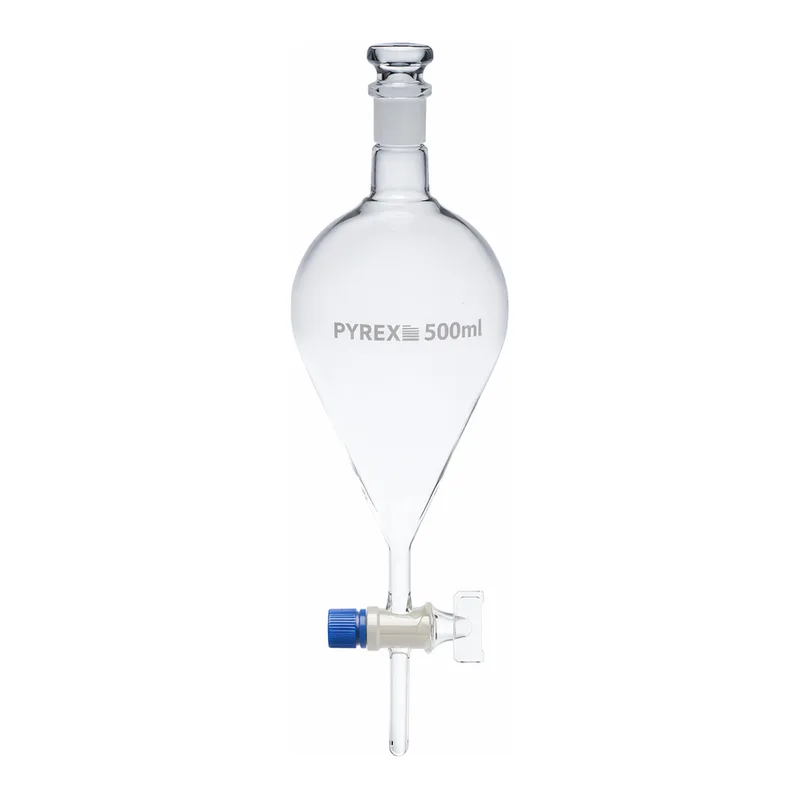 Merck Pyrex Separating funnel, pear-shape, glass key
