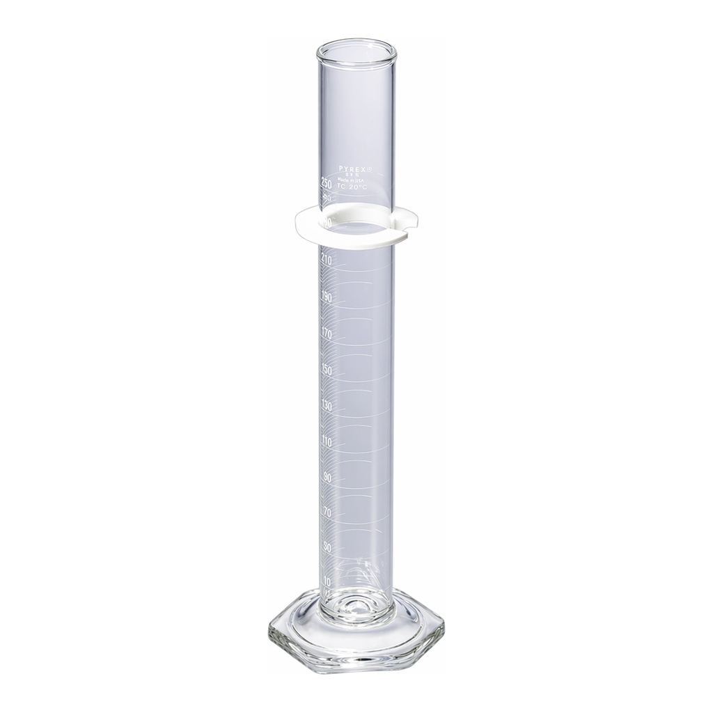 Merck Pyrex graduated cylinder, single metric scale, white enamel graduations