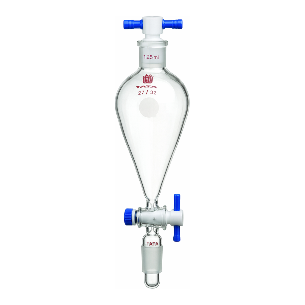 Merck Synthware Squibb-style separatory funnel with standard taper joints, PTFE stopcock and PTFE stopper