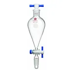 Merck Synthware Squibb-style separatory funnel with standard taper joints, PTFE stopcock and PTFE stopper
