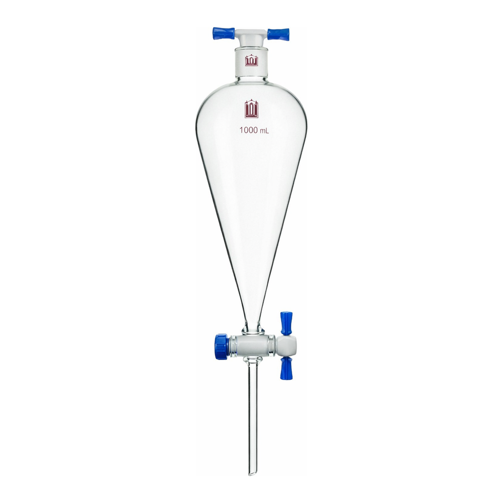 Merck Synthware Squibb-style separatory funnel with PTFE stopcock and PTFE stopper