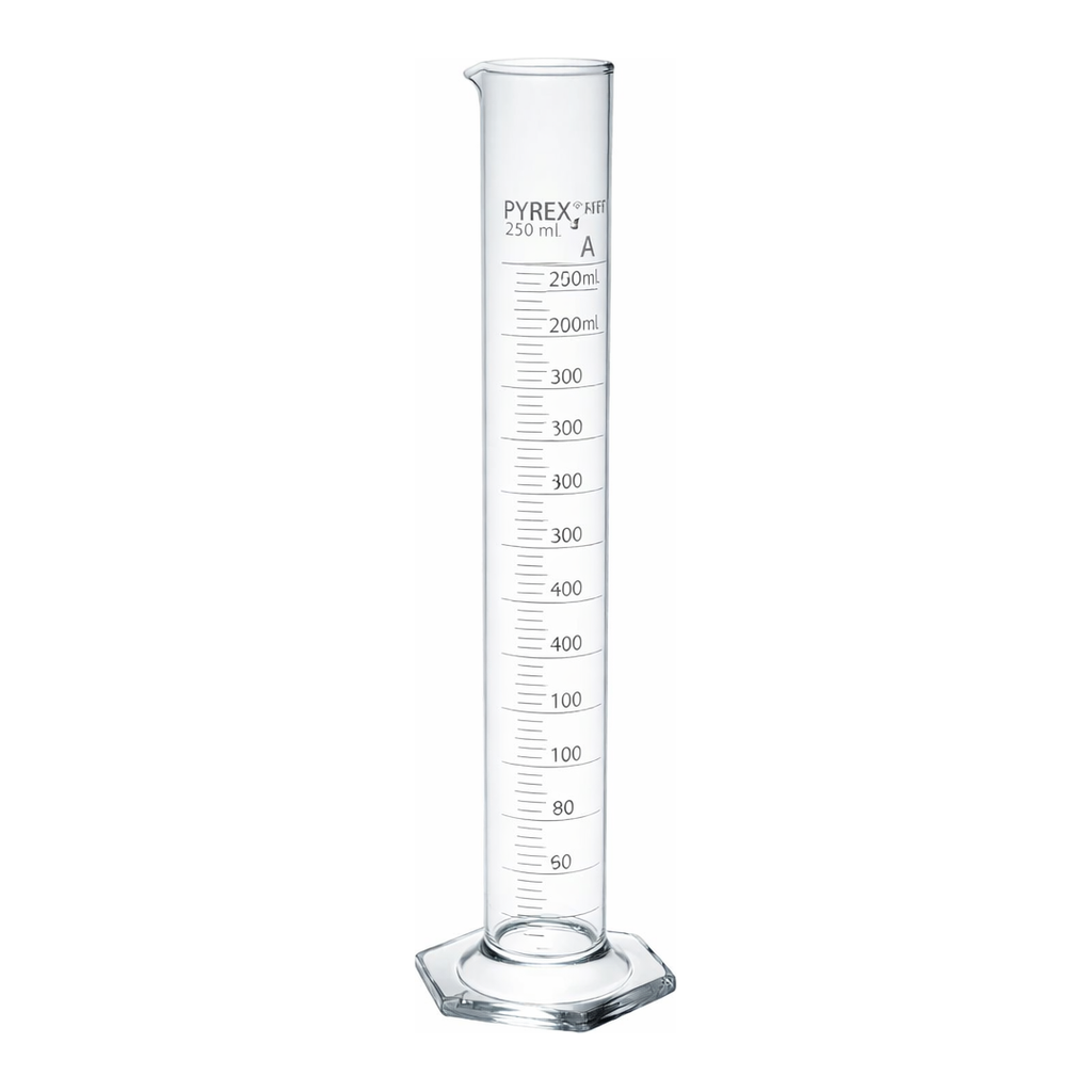 Merck Pyrex Measuring cylinder with spout, class A with white graduations