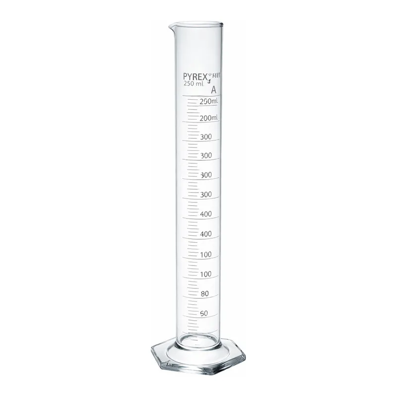 Merck Pyrex Measuring cylinder with spout, class A with white graduations