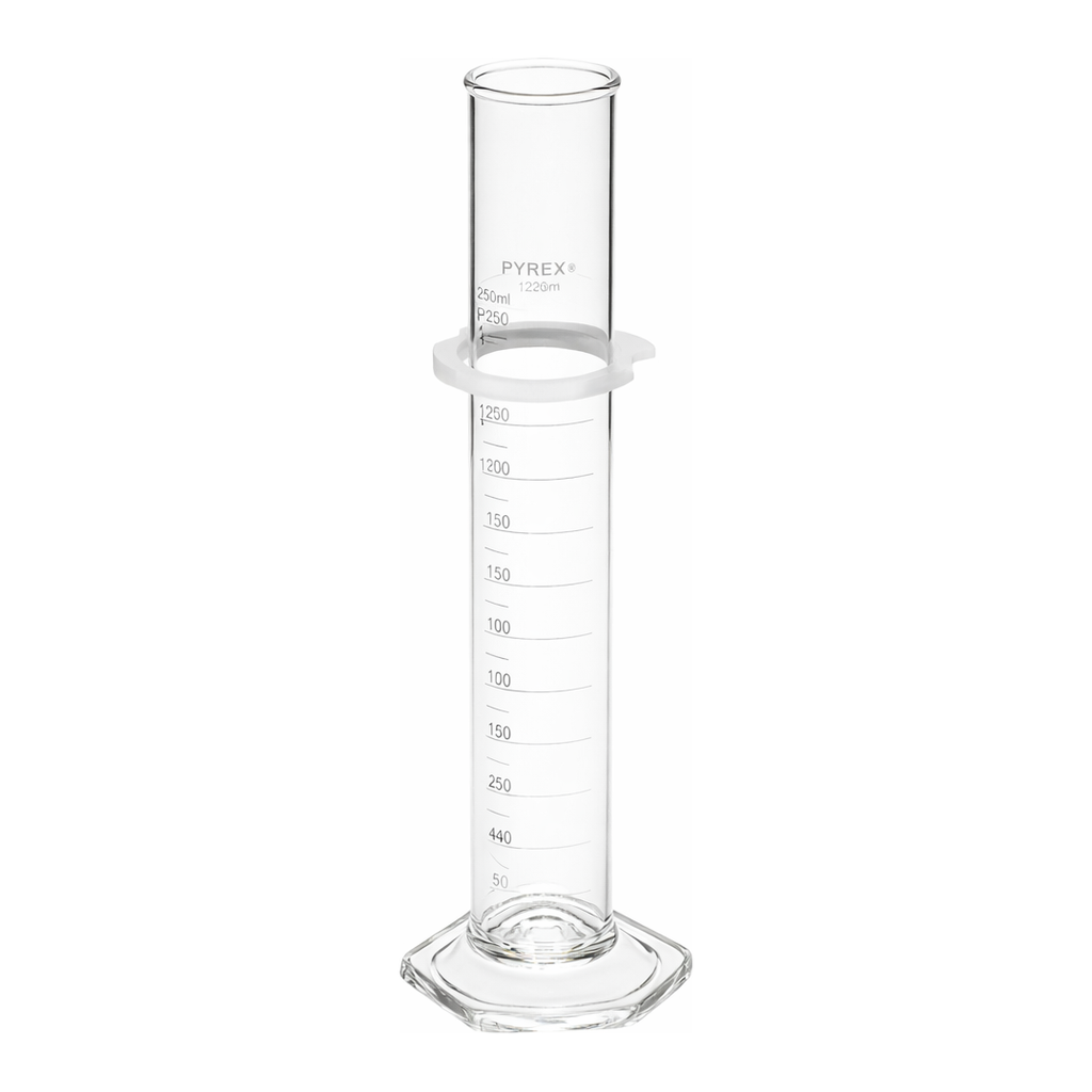 Merck Pyrex graduated cylinder, single metric scale, white enamel graduations
