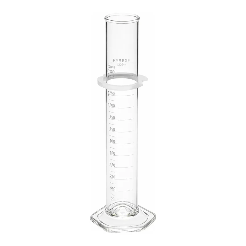 Merck Pyrex graduated cylinder, single metric scale, white enamel graduations