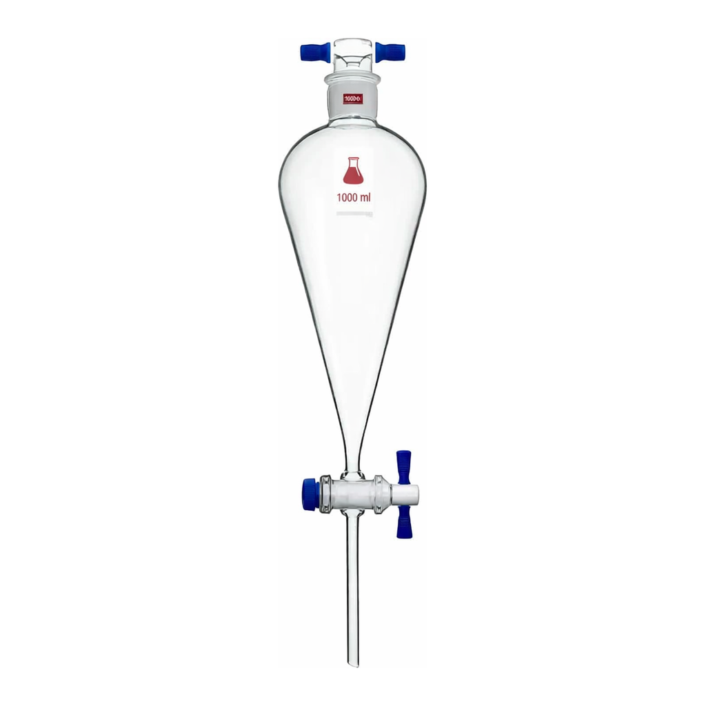 Merck Synthware Squibb-style separatory funnel with PTFE stopcock and PTFE stopper