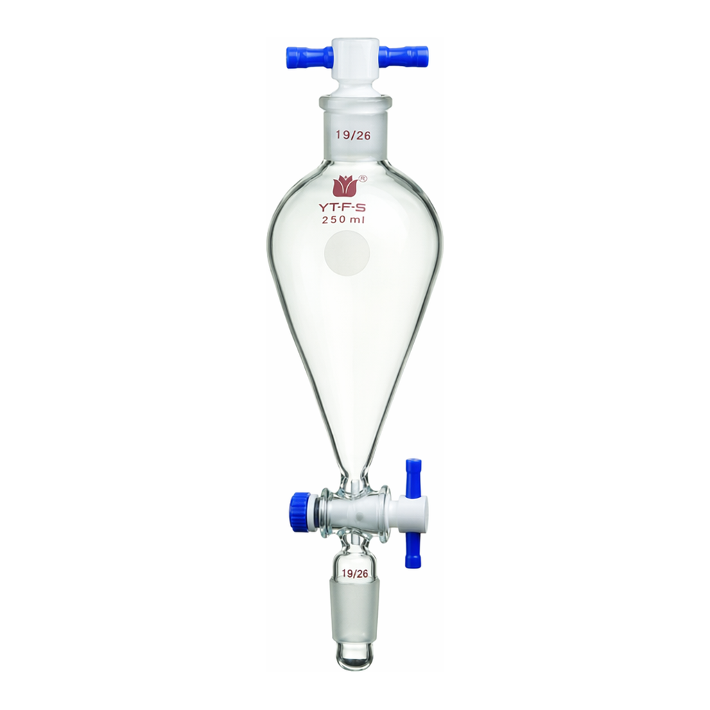Merck Synthware Squibb-style separatory funnel with standard taper joints, PTFE stopcock and PTFE stopper