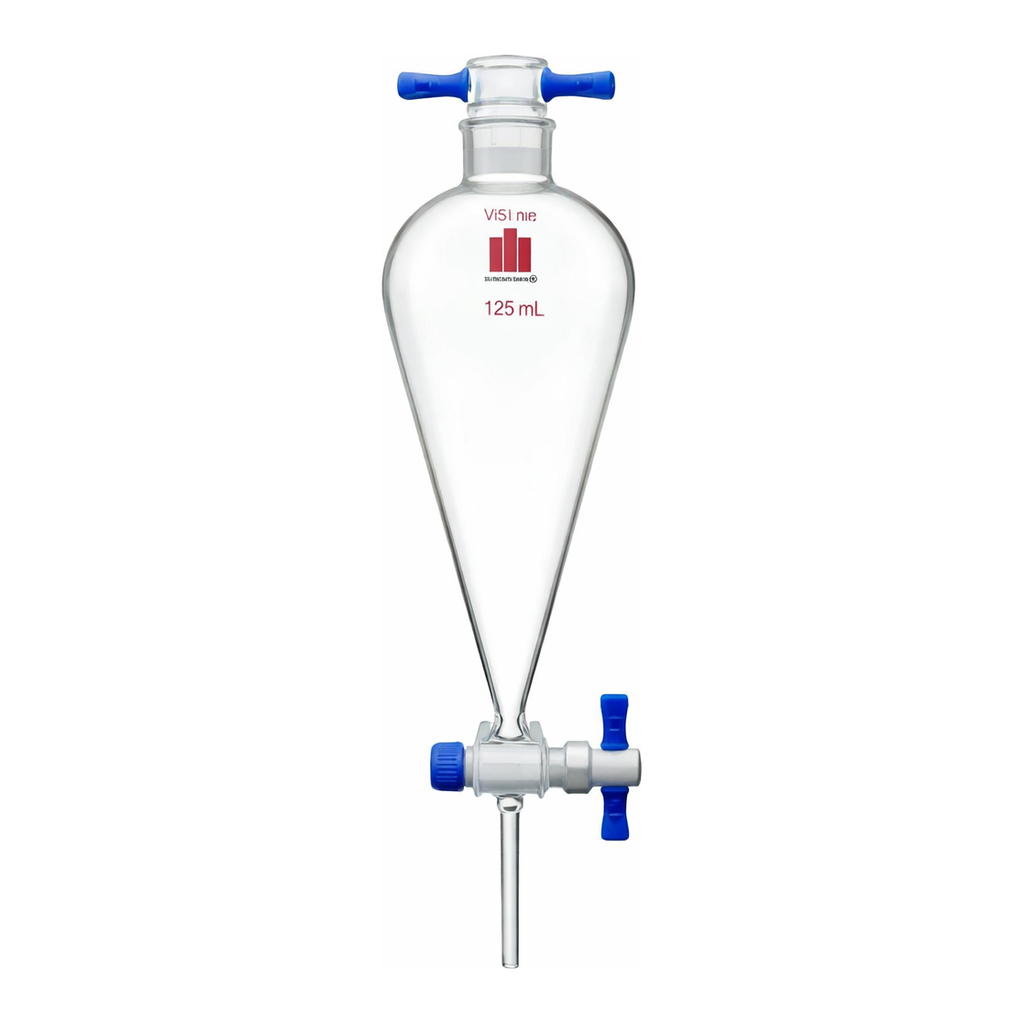 Merck Synthware Squibb-style separatory funnel with PTFE stopcock and PTFE stopper