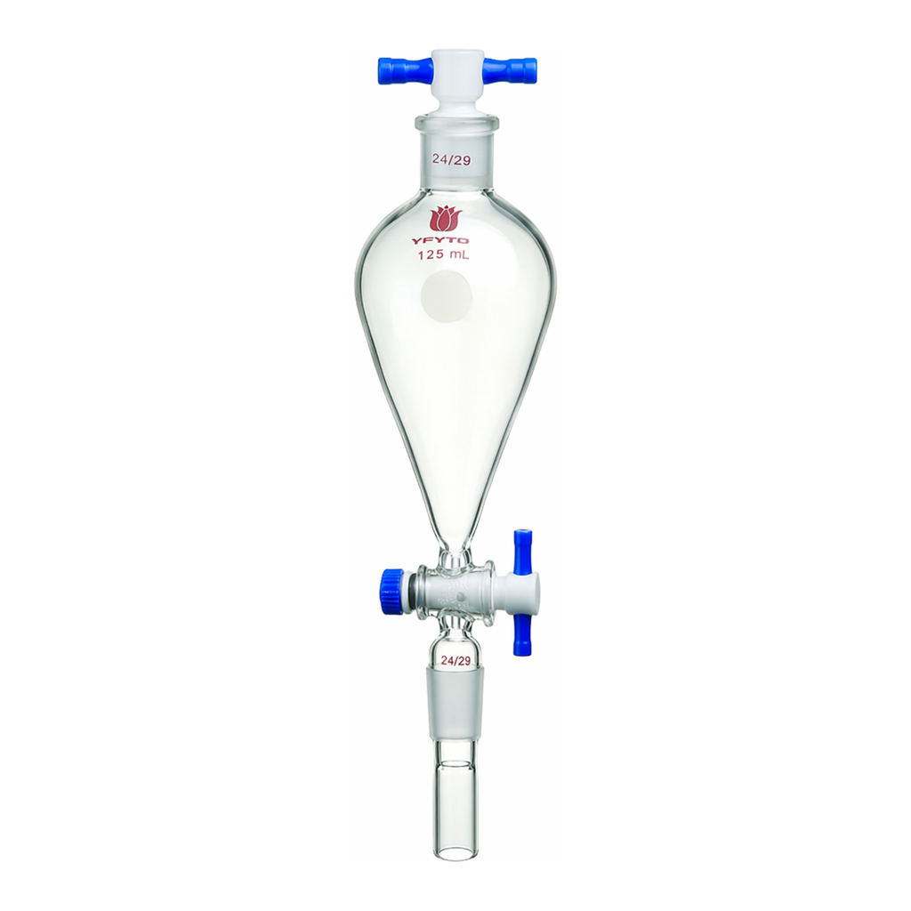 Merck Synthware Squibb-style separatory funnel with standard taper joints, PTFE stopcock and PTFE stopper