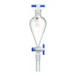 Merck Synthware Squibb-style separatory funnel with standard taper joints, PTFE stopcock and PTFE stopper