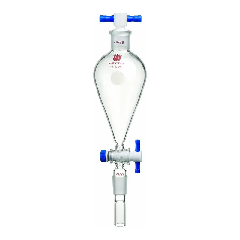 Merck Synthware Squibb-style separatory funnel with standard taper joints, PTFE stopcock and PTFE stopper