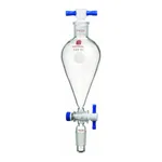 Merck Synthware Squibb-style separatory funnel with standard taper joints, PTFE stopcock and PTFE stopper