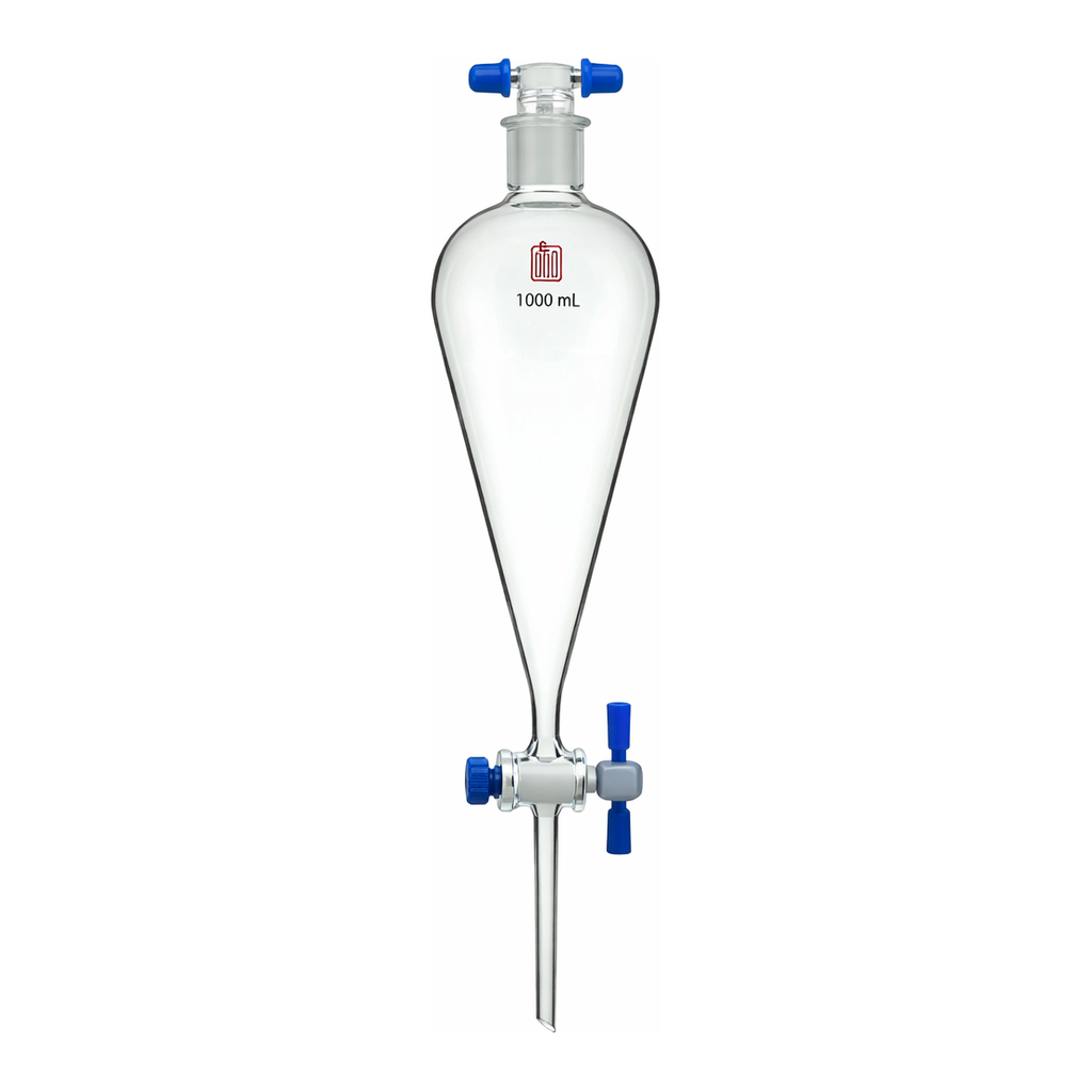 Merck Synthware Squibb-style separatory funnel with PTFE stopcock and PTFE stopper