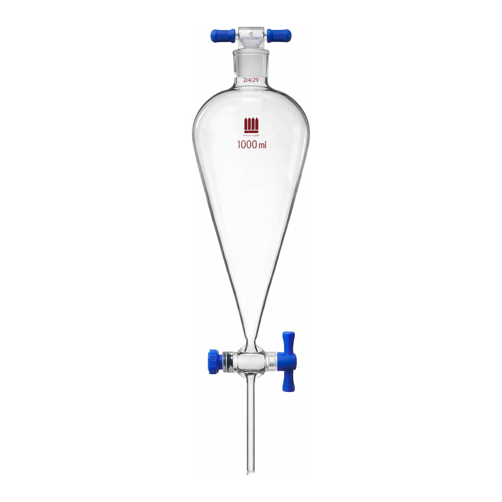Merck Synthware Squibb-style separatory funnel with PTFE stopcock and PTFE stopper