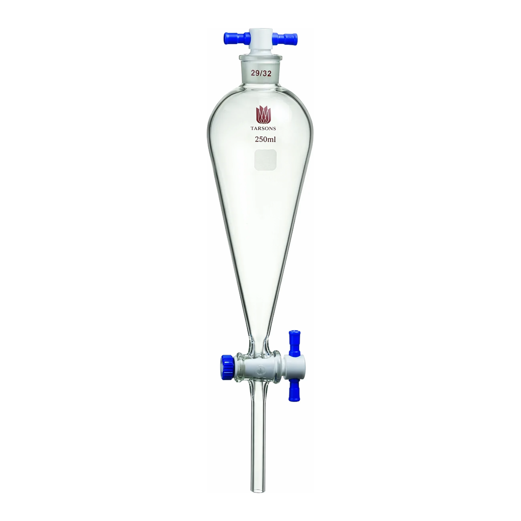 Merck Synthware Squibb-style separatory funnel with PTFE stopcock and PTFE stopper