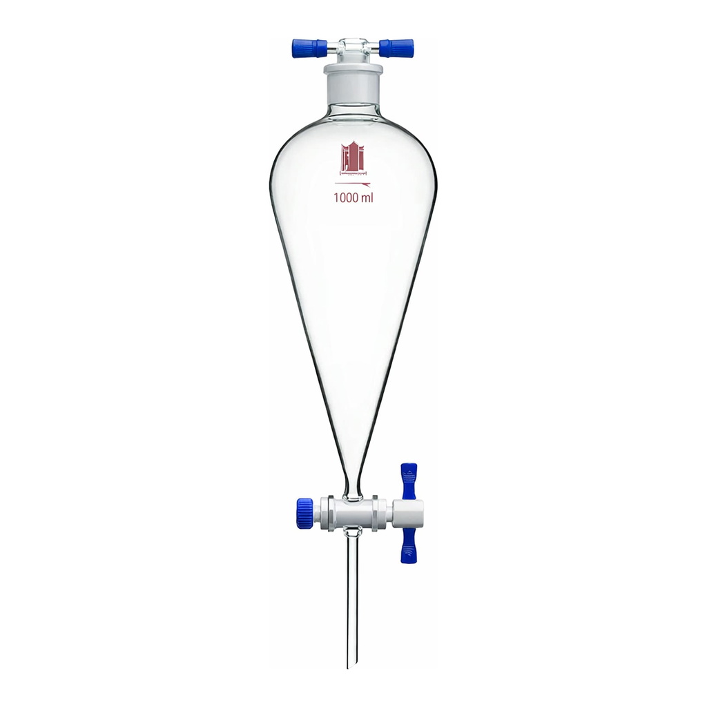 Merck Synthware Squibb-style separatory funnel with PTFE stopcock and PTFE stopper