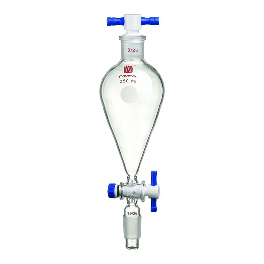Merck Synthware Squibb-style separatory funnel with standard taper joints, PTFE stopcock and PTFE stopper