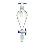 Merck Synthware Squibb-style separatory funnel with standard taper joints, PTFE stopcock and PTFE stopper