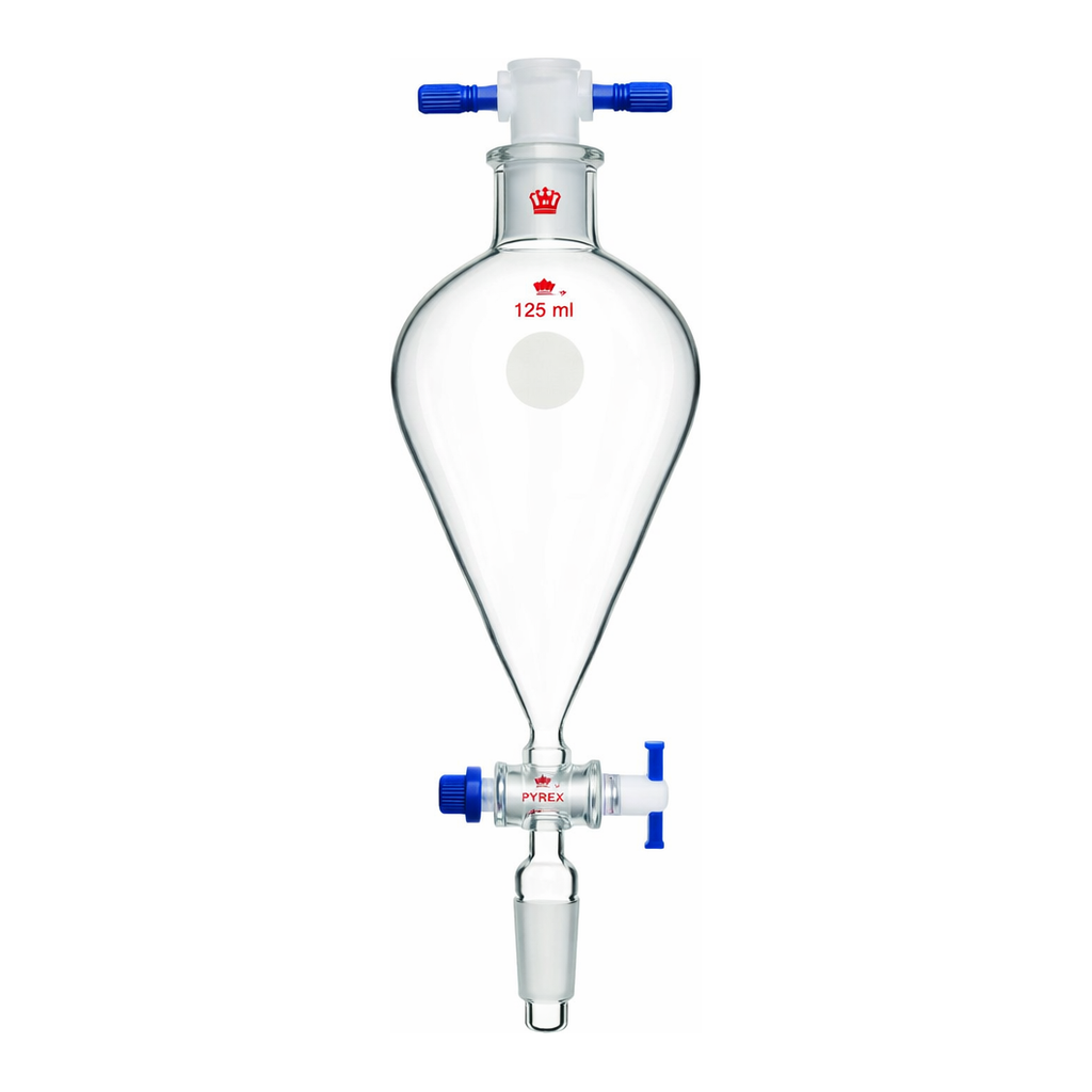 Merck Synthware Squibb-style separatory funnel with standard taper joints, PTFE stopcock and PTFE stopper