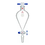 Merck Synthware Squibb-style separatory funnel with standard taper joints, PTFE stopcock and PTFE stopper