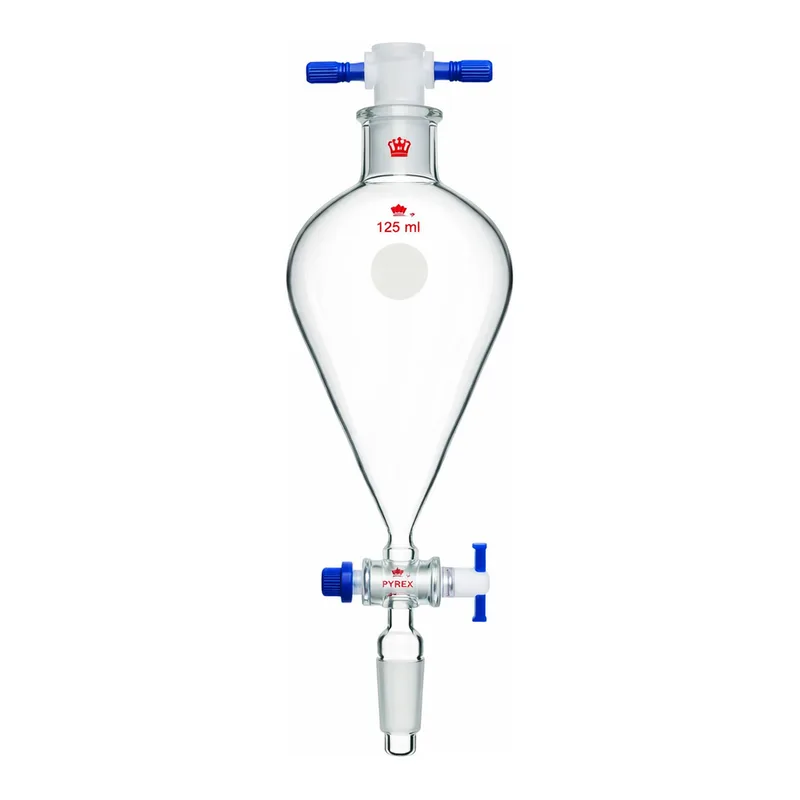 Merck Synthware Squibb-style separatory funnel with standard taper joints, PTFE stopcock and PTFE stopper