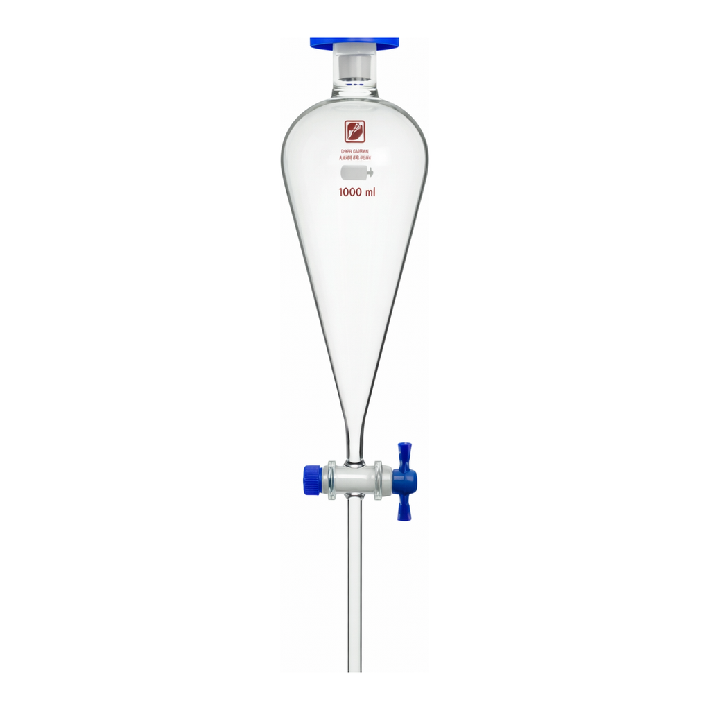 Merck Synthware Squibb-style separatory funnel with PTFE stopcock and PTFE stopper